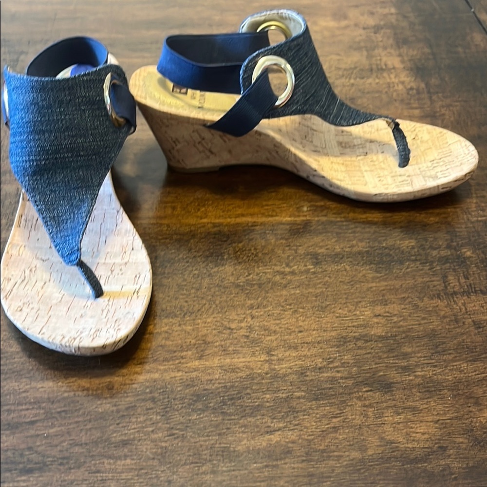 White Mountain Blue Denim Wedge Sandals with Ankle Strap Gold Accent